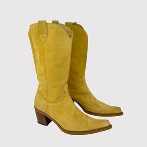 Navid O Nadia Women Boots Yellow Suede Mid Calf Pointed Heeled Designer 41 US 10